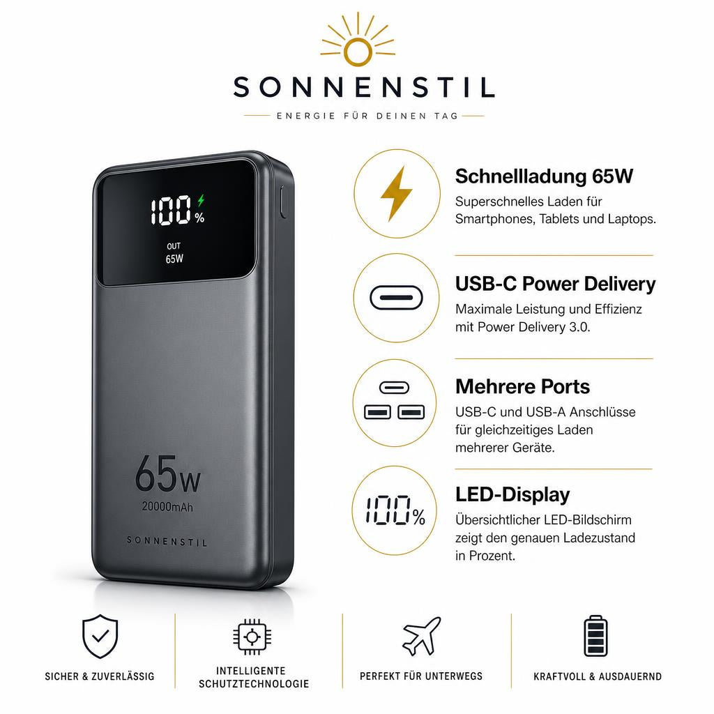 SONNENSTIL Powerbank | Handy & Laptop mit Schnellladung
