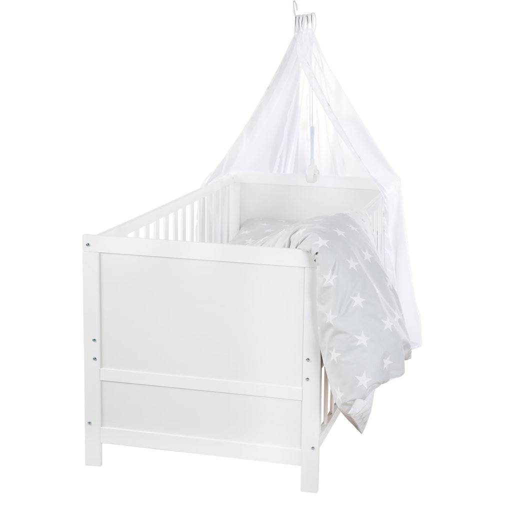 roba Babybett Set 70x140 cm mit Matratze, Bettwäsche & Himmel – Umbaubares Kinderbett zum Juniorbett, höhenverstellbar