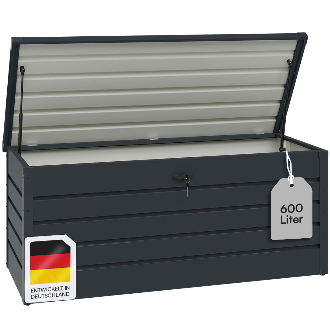 STEELSØN Dorado Gartenbox Metall Anthrazit – Wasserdichte Auflagenbox abschließbar mit Deckel & Gasdruckfeder