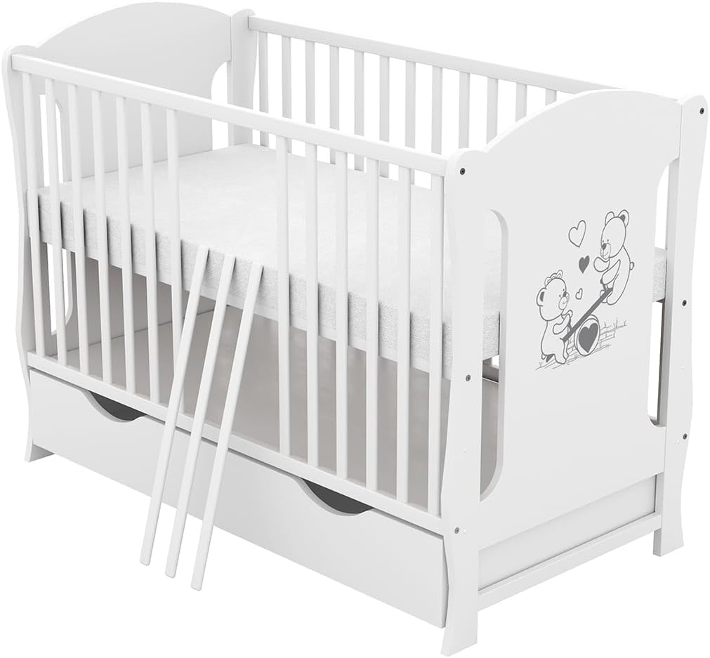 Baby Delux Babybett 120x60 cm Weiß mit Matratze & Schublade, umbaubar zum Juniorbett, Kiefernholz