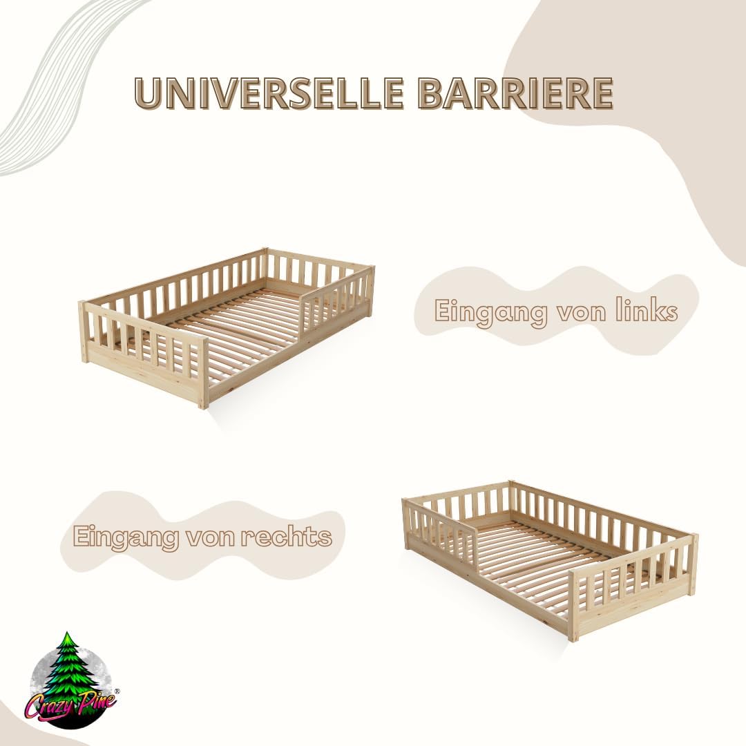 Crazy Pine Montessori Bodenbett Kinderbett aus Massivholz mit Schublade & Rausfallschutz – Skandinavisches Kinderbett