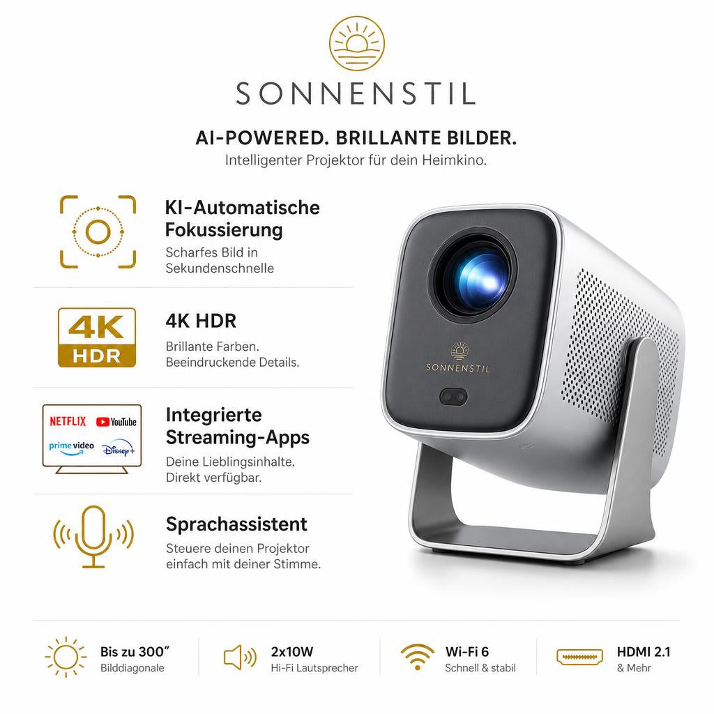 SONNENSTIL KI-Beamer | Smarte AI Video Projektor mit 4K & Auto-Fokus