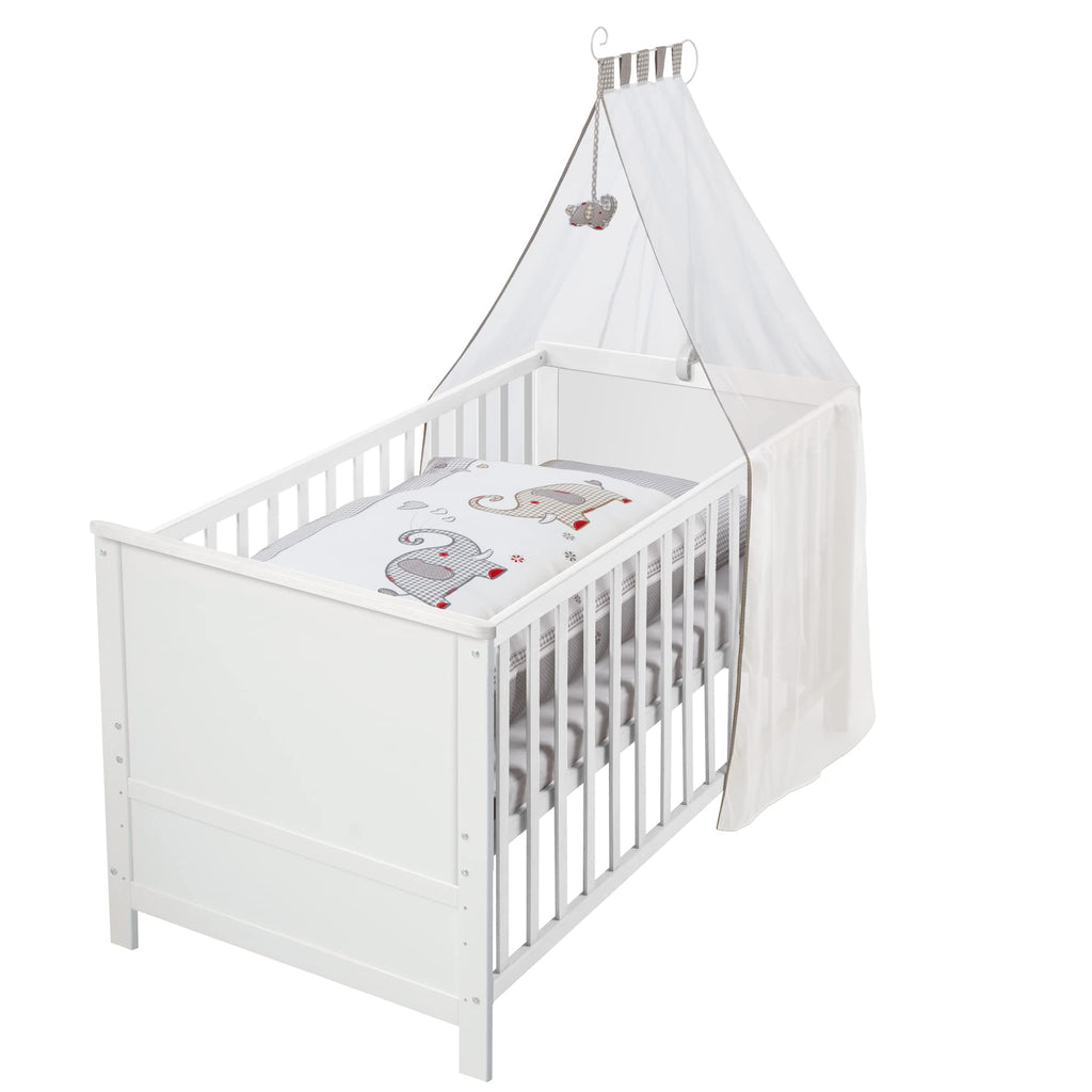 roba Babybett Set 70x140 cm mit Matratze, Bettwäsche & Himmel – Umbaubares Kinderbett zum Juniorbett, höhenverstellbar