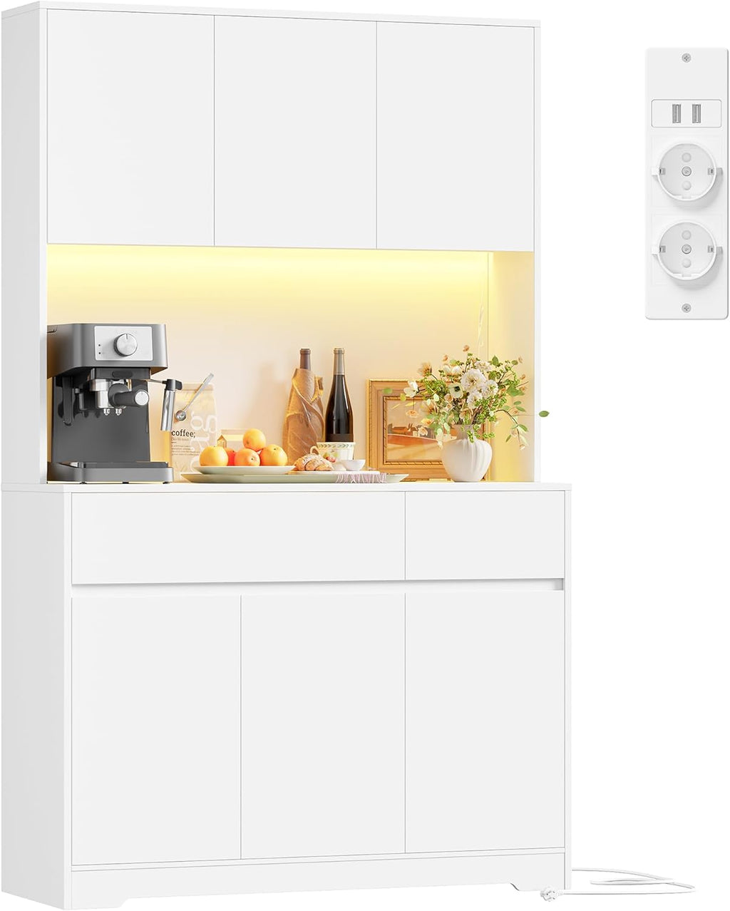 FirFurd Küchenschrank Buffetschrank Weiß 180x100x38,5 cm – Sideboard mit LED, Steckdose, Arbeitsplatte, Türen & Schubladen