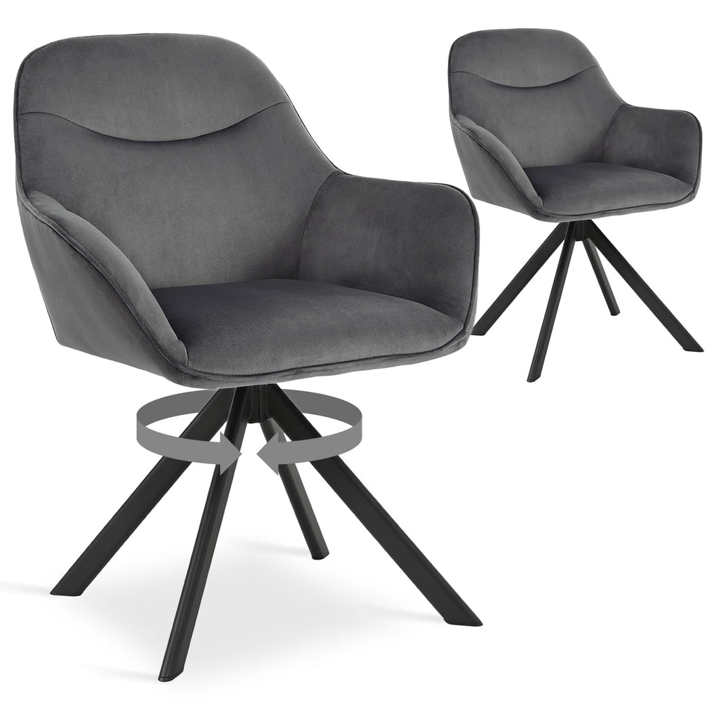6er Set Esszimmerstühle Drehbar mit Armlehne, 360° Drehstuhl Polsterstuhl Samt Modern Küchenstuhl mit Metallbeine für Esszimmer, Wohnzimmer, Büro, Dunkelgrau