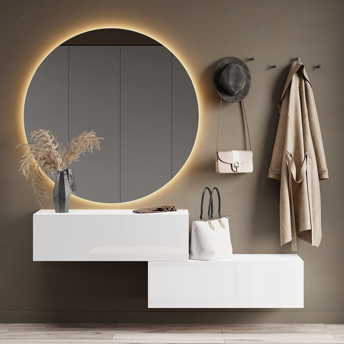Planetmöbel Garderobe Flur mit Stauraum, Wandgarderobe mit 2 Klappen, Dielenschrank aus Holzwerkstoff Gold Eiche/Anthrazit