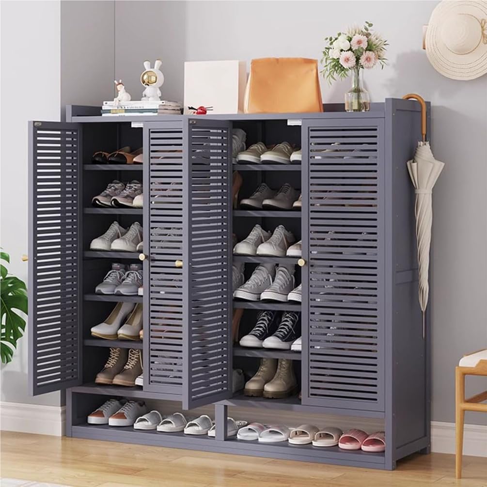 Schuhschrank aus Bambus mit Korbgeflecht-Türen, Schuhregal mit Stauraum, Mehrfach-Schuhschrank für Flur und Eingangsbereich