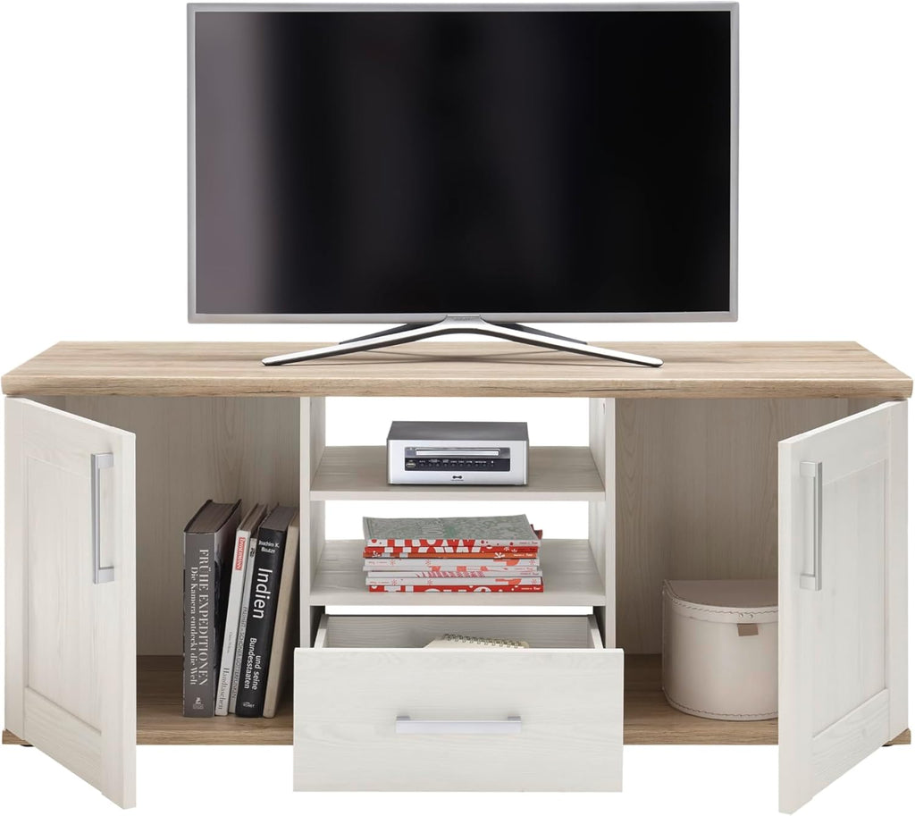 Stella Trading ROMANCE Wohnwand Wohnzimmer Set mit LED-Vitrine, Stauraum, Sibiu Lärche & Eiche San Remo