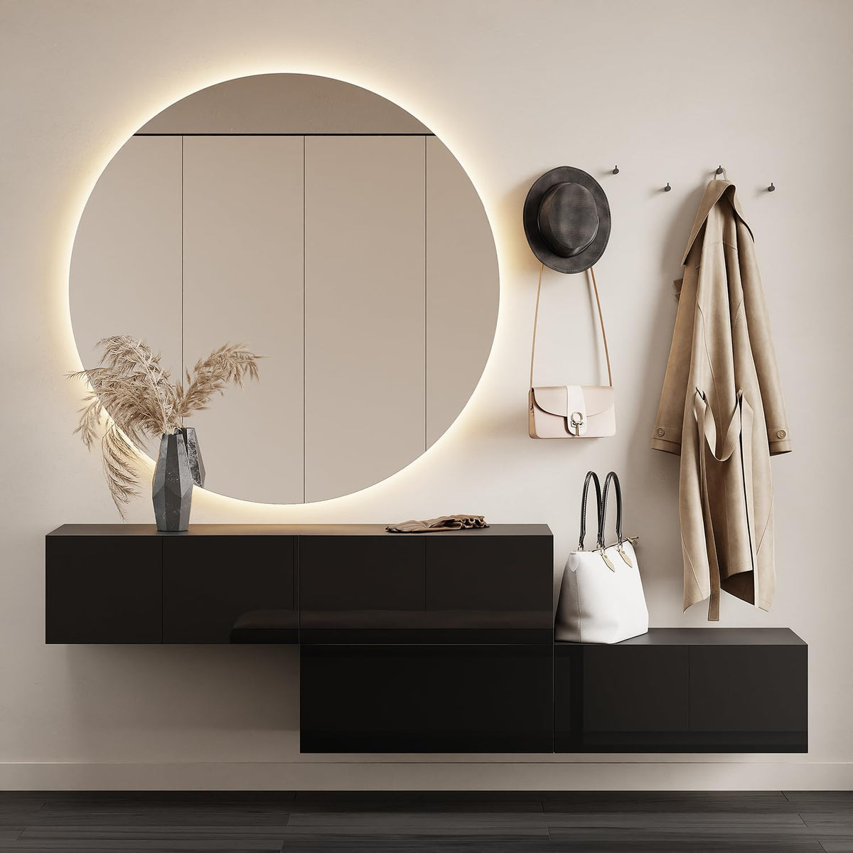 Planetmöbel Garderobe Flur mit Stauraum, Wandgarderobe mit 2 Klappen, Dielenschrank aus Holzwerkstoff Gold Eiche/Anthrazit
