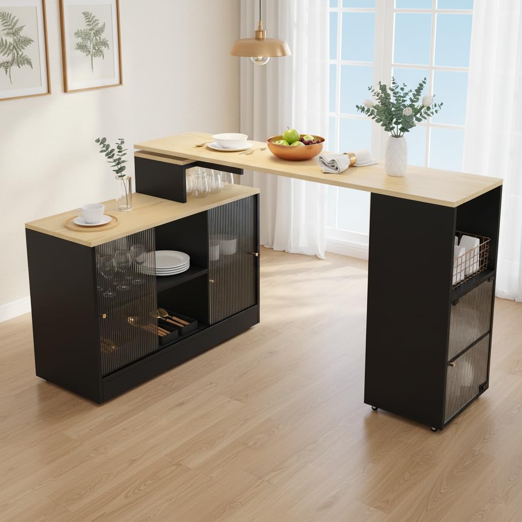 Merax Ausziehbarer Bartisch mit Stauraum, 360° drehbarer Beweglicher Bartisch Küchentheke Kücheninsel Kaffeeecke, mit Offene Ablagefächer, Glasschiebetür, Weiß/120-180 x 45 x 103 cm