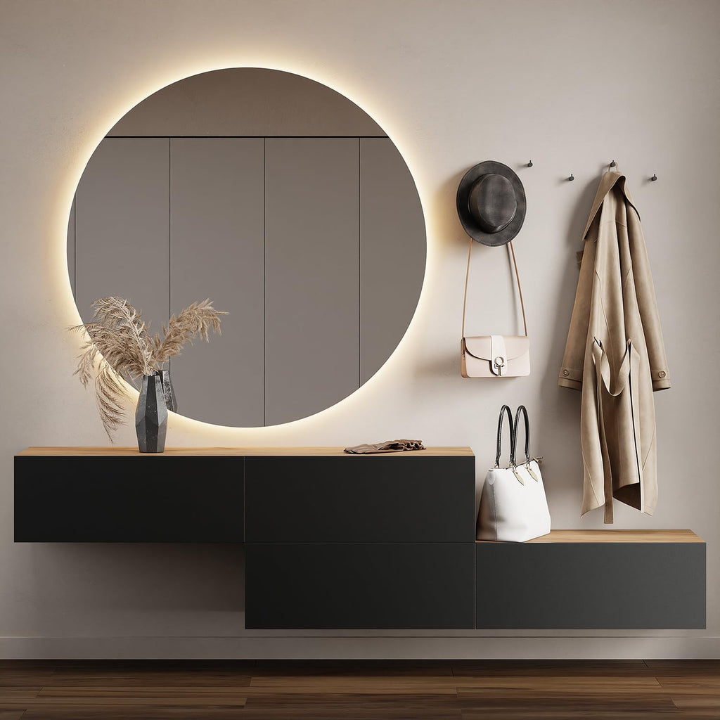 Planetmöbel Garderobe Flur mit Stauraum, Wandgarderobe mit 2 Klappen, Dielenschrank aus Holzwerkstoff Gold Eiche/Anthrazit