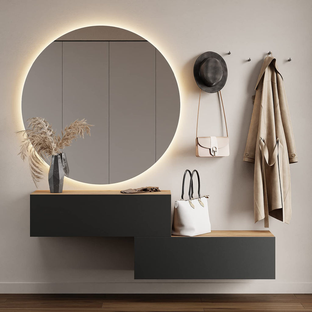 Planetmöbel Garderobe Flur mit Stauraum, Wandgarderobe mit 2 Klappen, Dielenschrank aus Holzwerkstoff Gold Eiche/Anthrazit