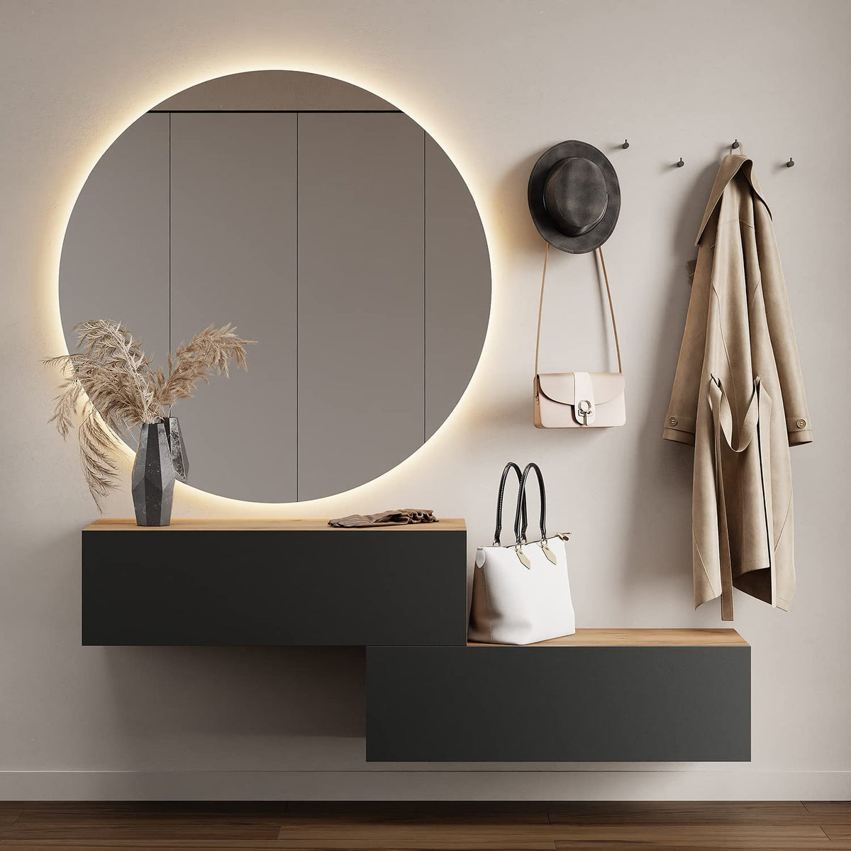 Planetmöbel Garderobe Flur mit Stauraum, Wandgarderobe mit 2 Klappen, Dielenschrank aus Holzwerkstoff Gold Eiche/Anthrazit
