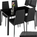 tectake Essgruppe Set Tisch und Stühle, Esstisch und 4X Stuhl, strapazierfähiges Kunstleder, Tischplatte aus Sicherheitsglas, Küchenstühle modern, Küche - schwarz