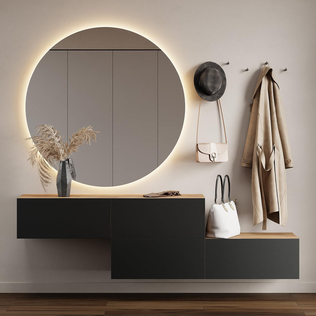 Planetmöbel Garderobe Flur mit Stauraum, Wandgarderobe mit 2 Klappen, Dielenschrank aus Holzwerkstoff Gold Eiche/Anthrazit