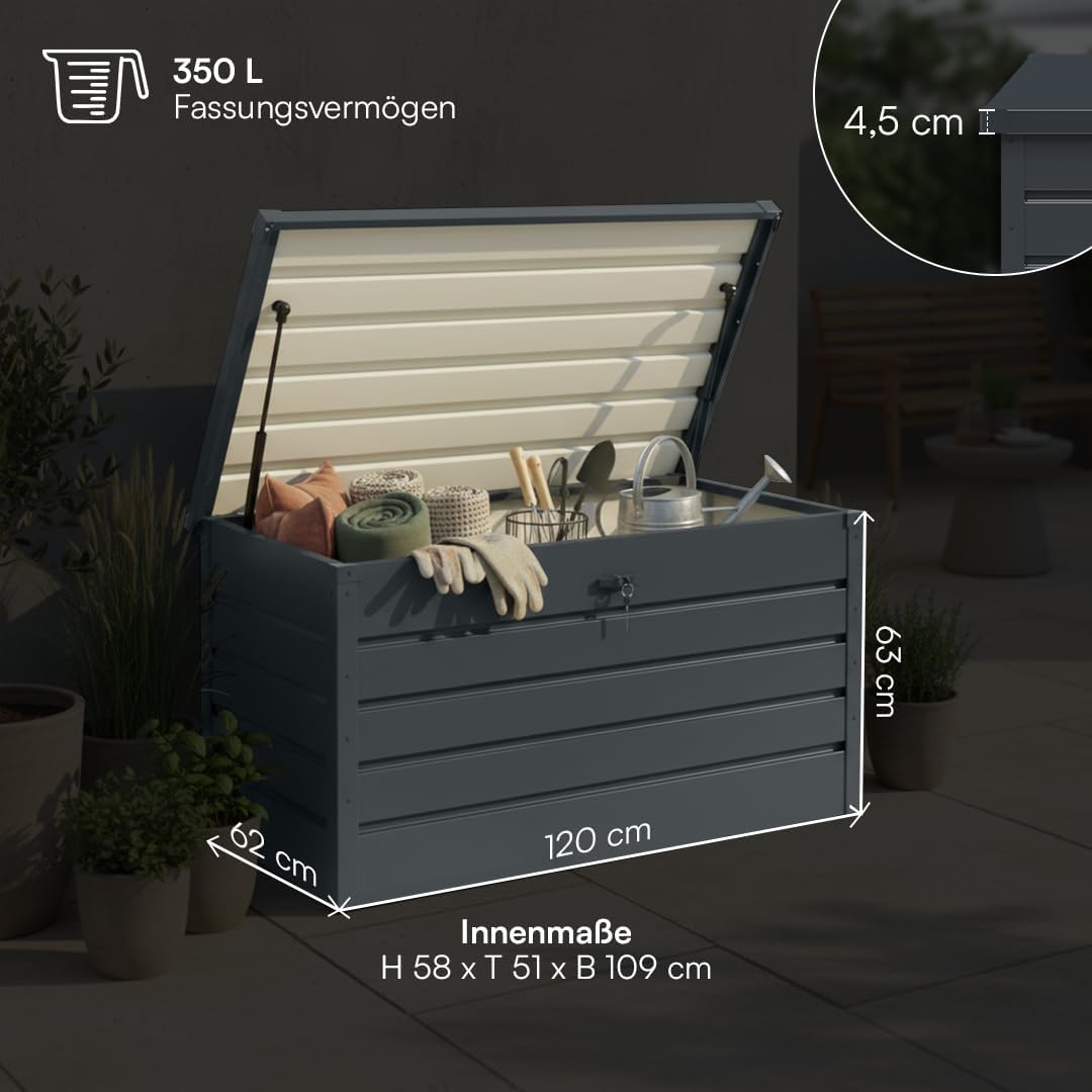 STEELSØN Dorado Gartenbox Metall Anthrazit – Wasserdichte Auflagenbox abschließbar mit Deckel & Gasdruckfeder