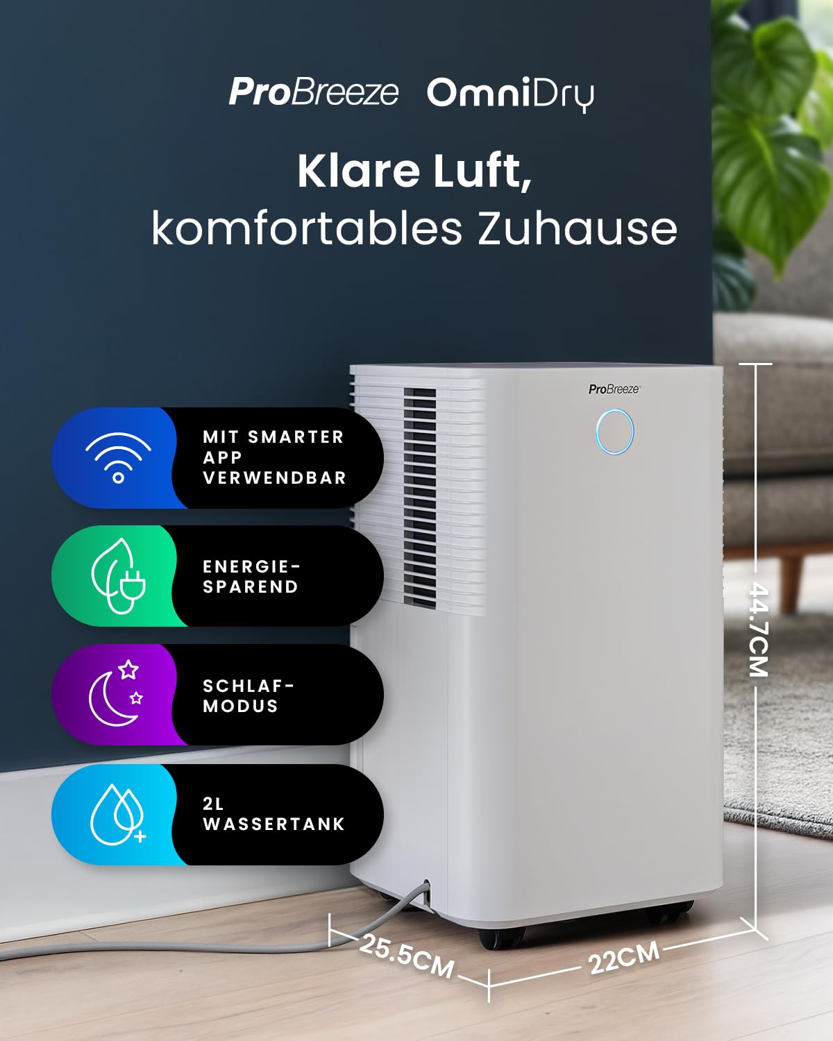 Pro Breeze OmniDry Luftentfeuchter mit App & WLAN, 12L in 24h Entfeuchtungsleistung - Luftentfeuchter elektrisch mit Wäschemodus, Feuchtigkeitssensor, Timer - Gegen Schimmel - Entfeuchter für bis 25m²