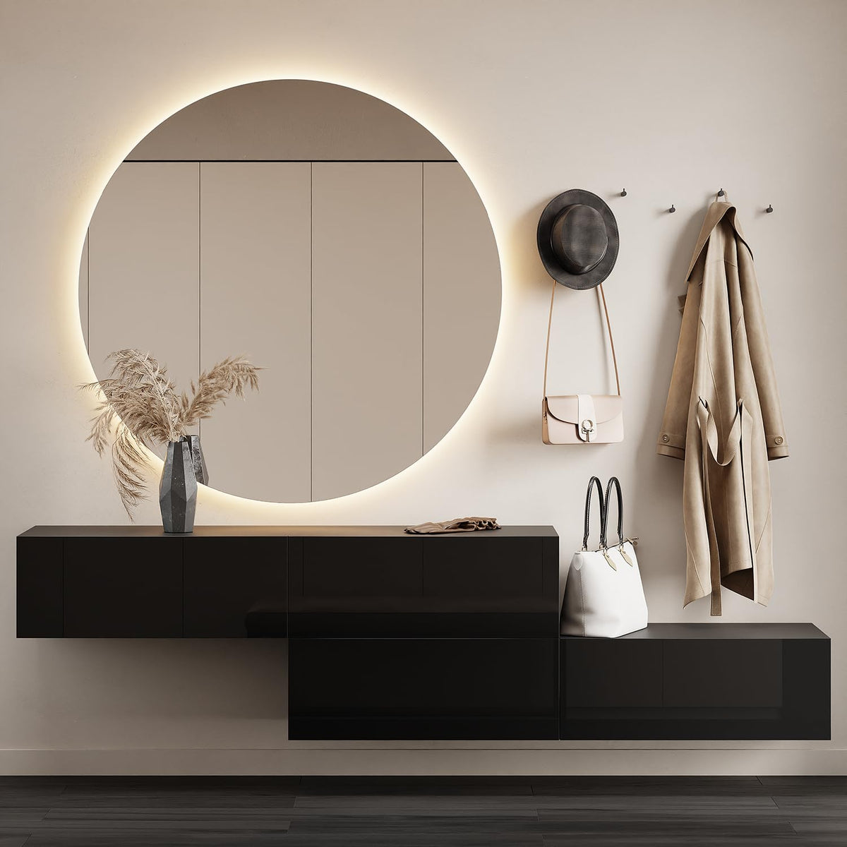 Planetmöbel Garderobe Flur mit Stauraum, Wandgarderobe mit 2 Klappen, Dielenschrank aus Holzwerkstoff Gold Eiche/Anthrazit