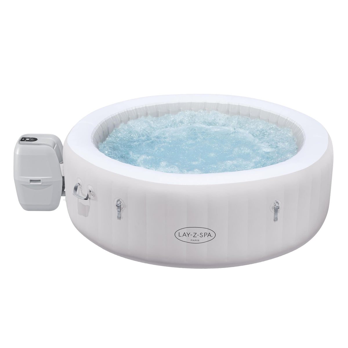 Bestway Lay-Z-SPA Paris AirJet LED-Whirlpool Ø 196 x 66 cm – Aufblasbarer Spa für 6 Personen mit 140 Düsen, beheizbar bis 40°C, stimmungsvolle LED-Beleuchtung für den Garten