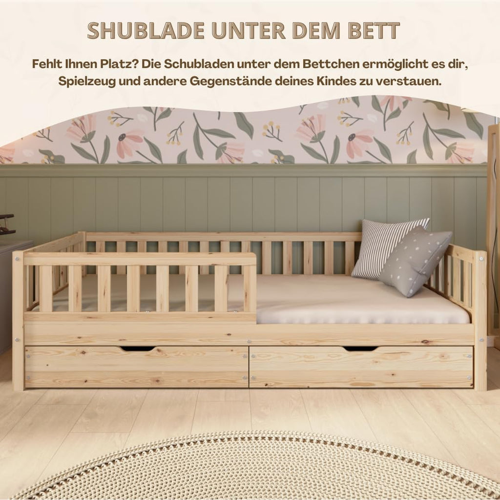 Crazy Pine Montessori Bodenbett Kinderbett aus Massivholz mit Schublade & Rausfallschutz – Skandinavisches Kinderbett