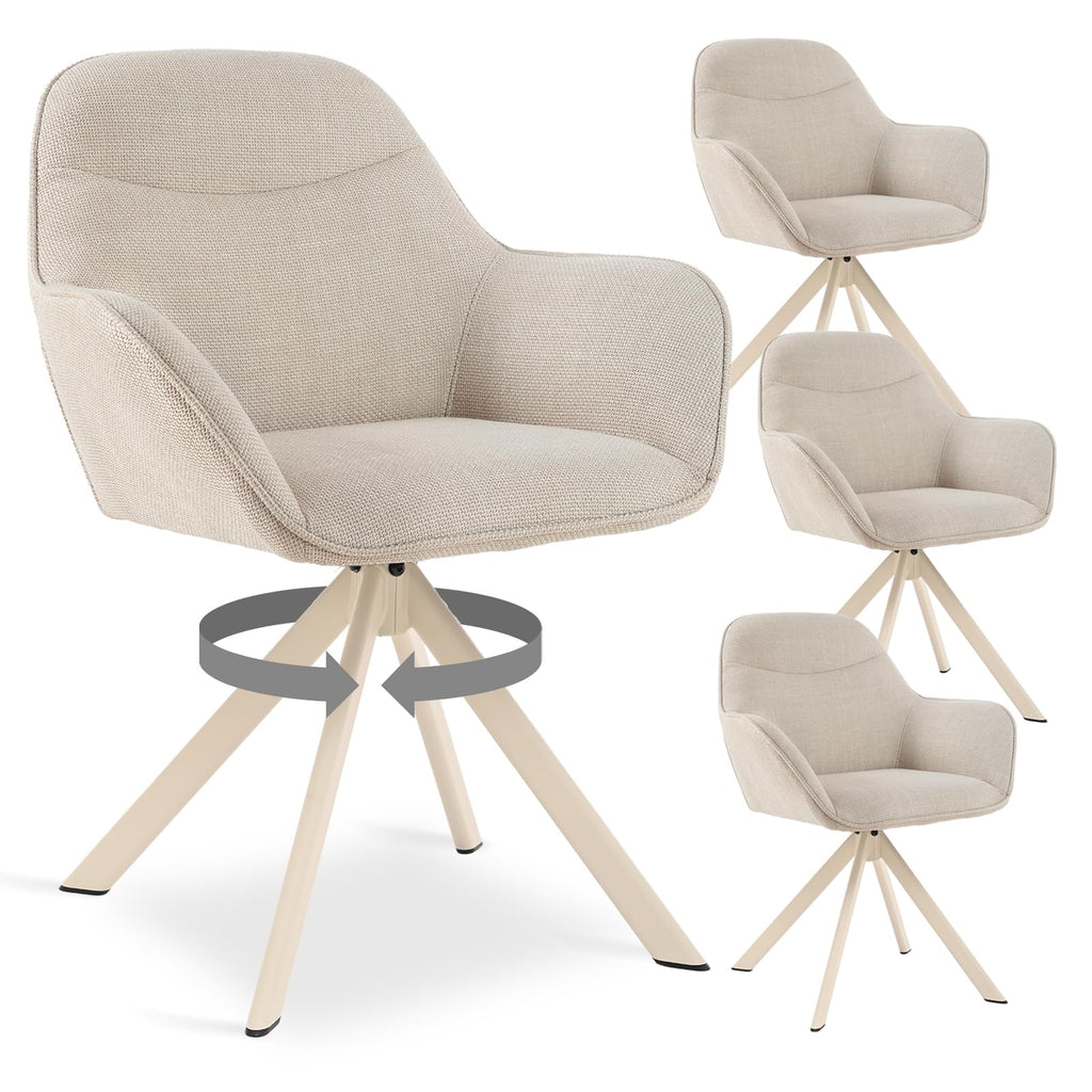 Esszimmerstühle Drehbar 4er Set mit Armlehne, 360° drehbar, Polsterstuhl Leinen, Drehstuhl Esszimmer Beige, Küchenstuhl mit Metallbeine für Esszimmer, Wohnzimmer, Büro