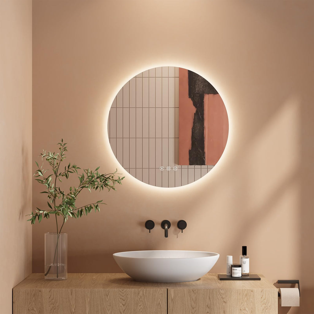 Dripex Badezimmerspiegel Led Badspiegel Rund, Touch-Schalter, Dimmbar, 3 Lichtfarbe Einstellbare Spiegel Bad mit Beleuchtung, LED Wandspiegel mit Licht, Beschlagfrei 80x80 cm
