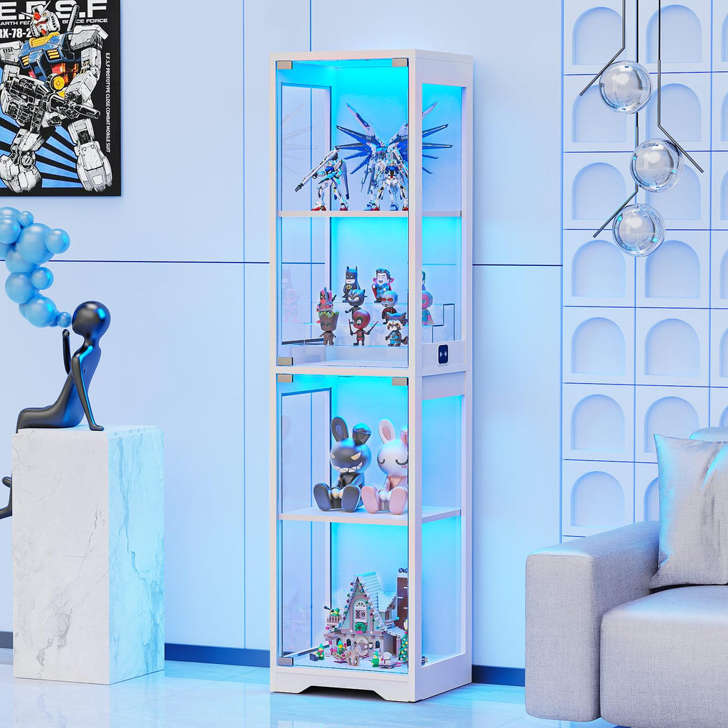 BROTTAR Glasvitrine mit Dreifarbig LED Beleuchtung und Glastüren, Glasvitrine Stehend mit Körpersensor-System, Sammlervitrine für Wohnzimmer, Büro, Bücher, Spielzimmer, Schwarz (40 x 35 x 160cm)