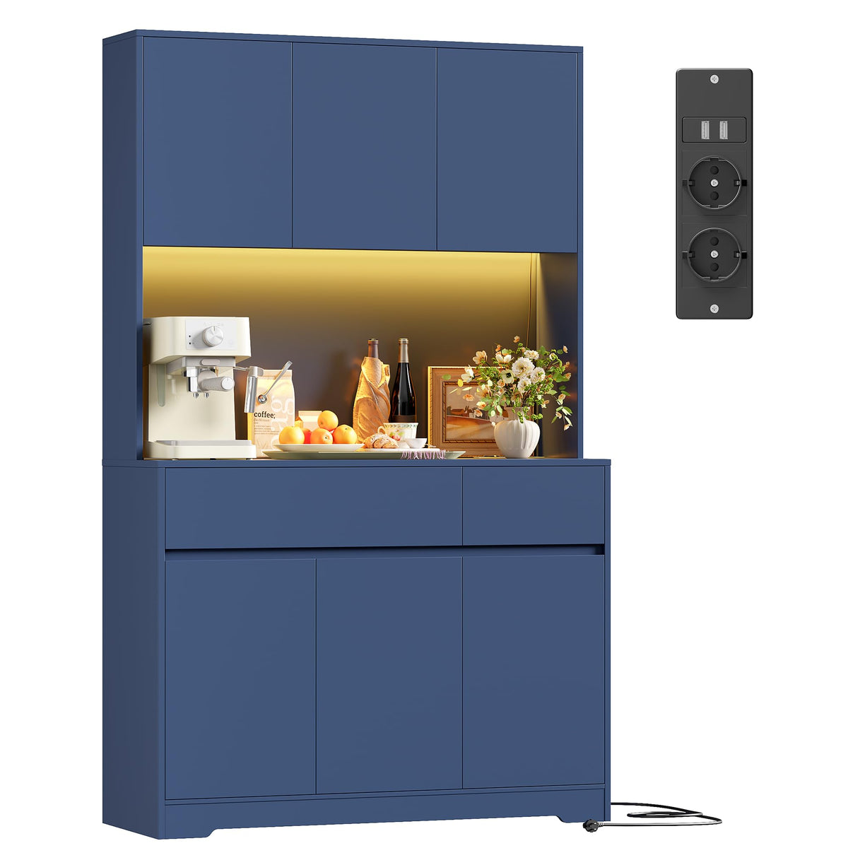 FirFurd Küchenschrank Buffetschrank Weiß 180x100x38,5 cm – Sideboard mit LED, Steckdose, Arbeitsplatte, Türen & Schubladen