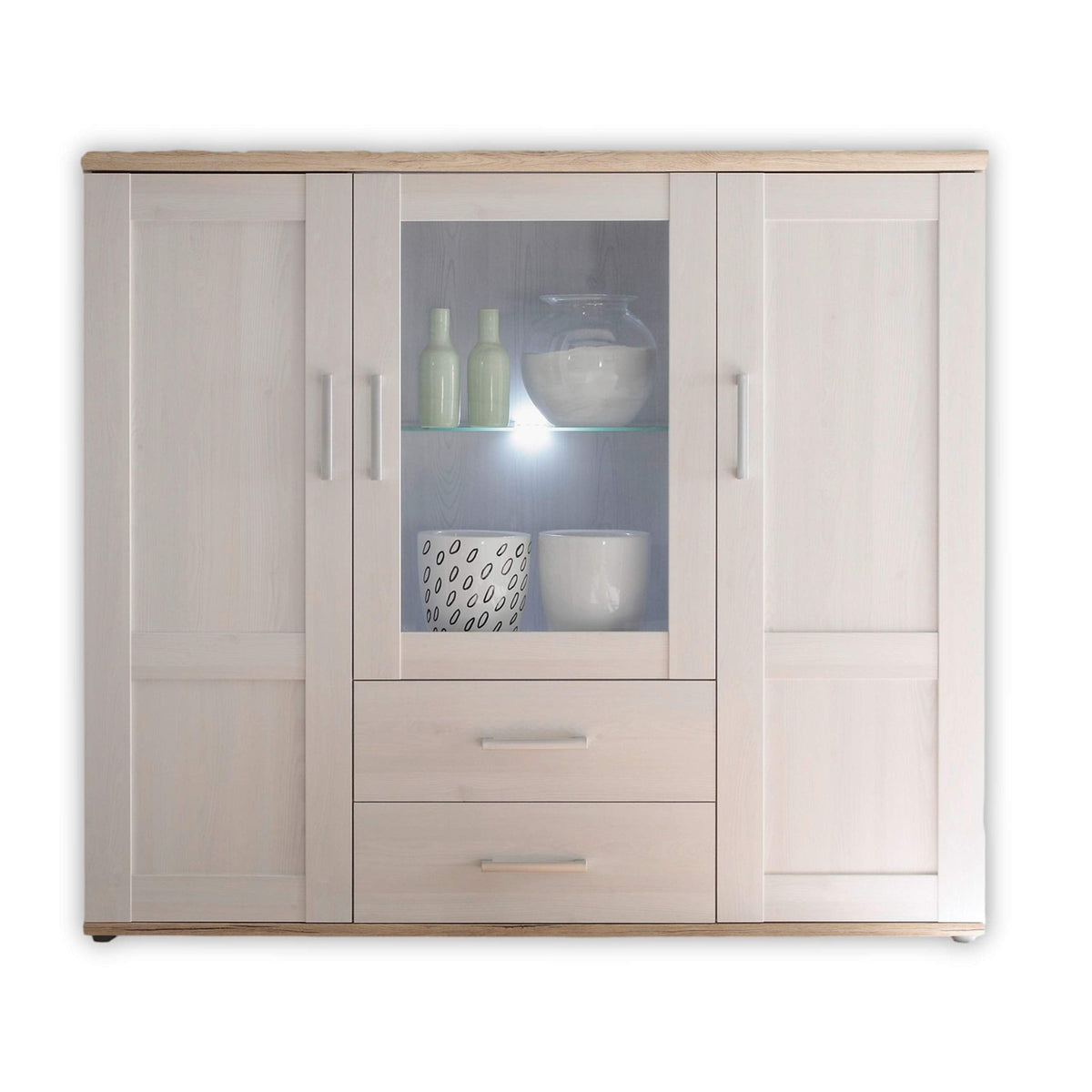 Stella Trading ROMANCE Wohnwand Wohnzimmer Set mit LED-Vitrine, Stauraum, Sibiu Lärche & Eiche San Remo