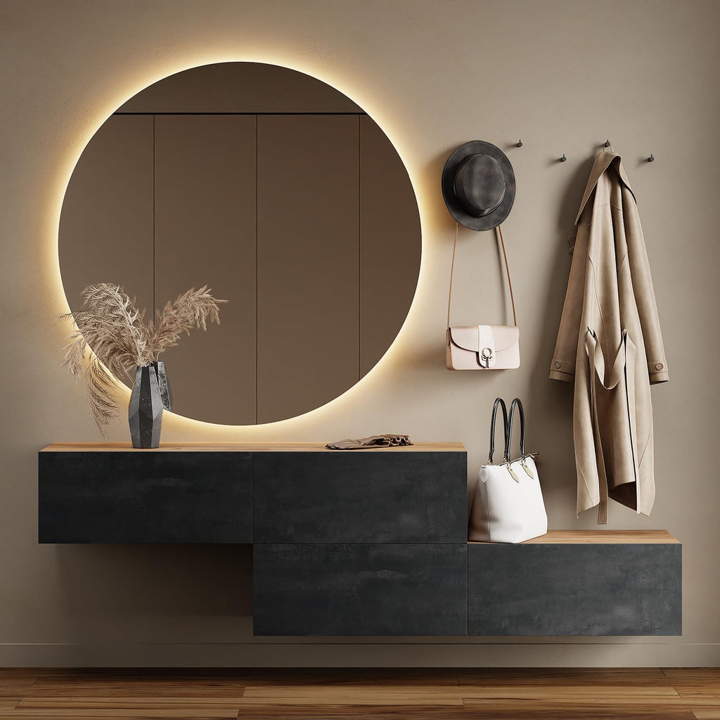 Planetmöbel Garderobe Flur mit Stauraum, Wandgarderobe mit 2 Klappen, Dielenschrank aus Holzwerkstoff Gold Eiche/Anthrazit