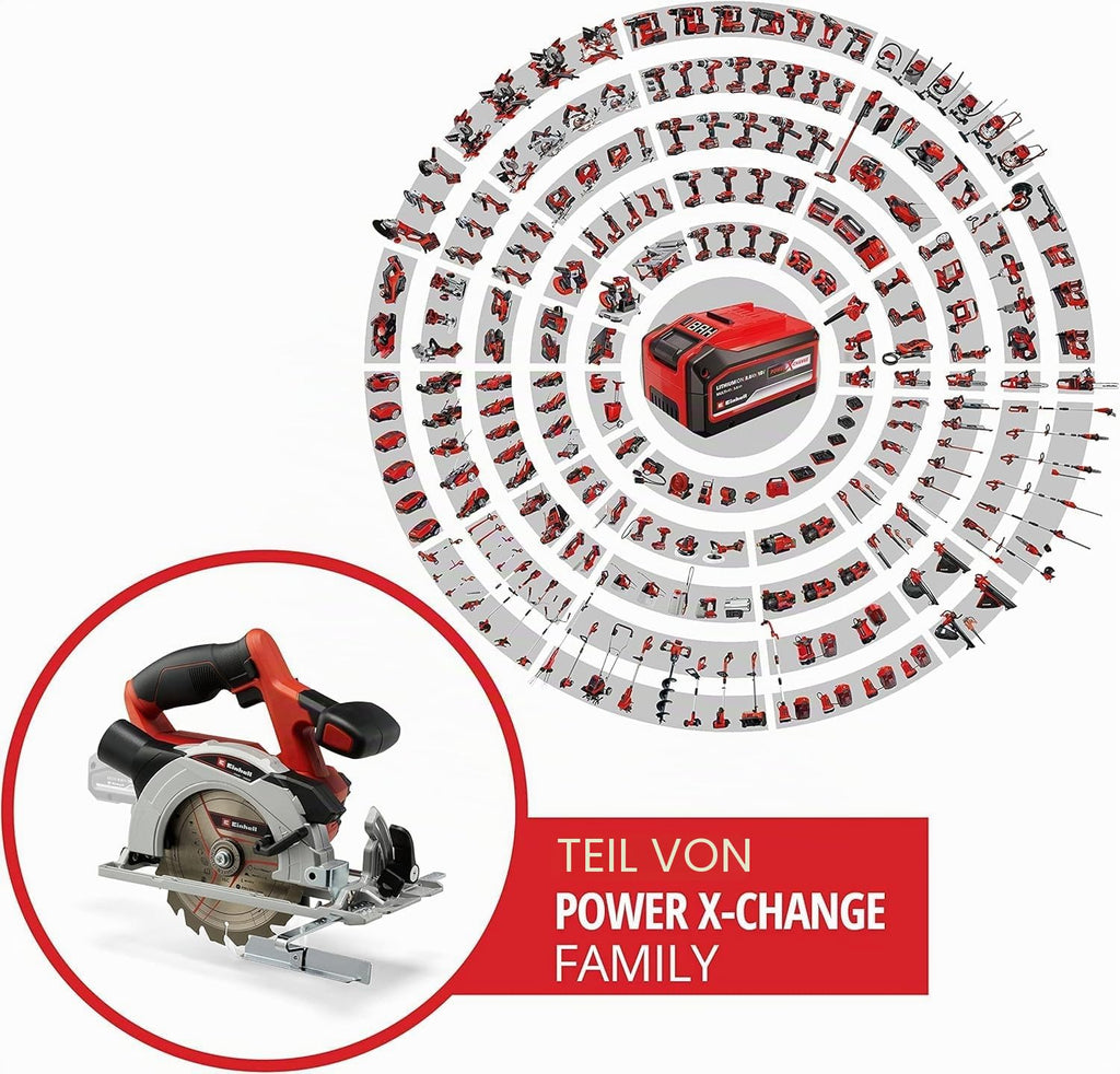Einhell Akku-Handkreissäge TE-CS 18/150 Li-Solo Power X-Change (18 V, Li-Ion, Ø150 x Ø10 mm Sägeblatt, Schnitttiefe + Neigungswinkel werkzeuglos einstellbar, LEDs, ohne Akku und Ladegerät)