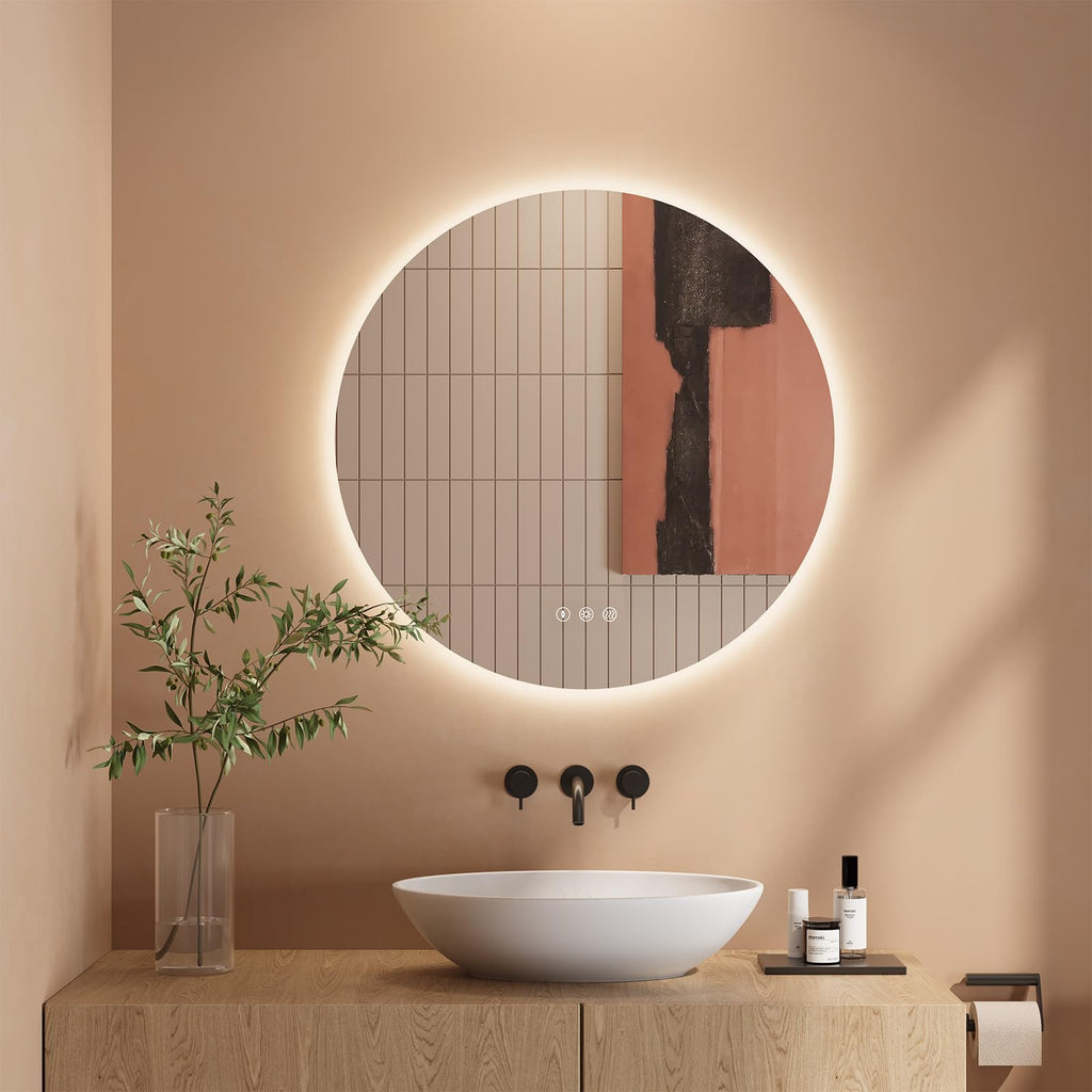 Dripex Badezimmerspiegel Led Badspiegel Rund, Touch-Schalter, Dimmbar, 3 Lichtfarbe Einstellbare Spiegel Bad mit Beleuchtung, LED Wandspiegel mit Licht, Beschlagfrei 80x80 cm