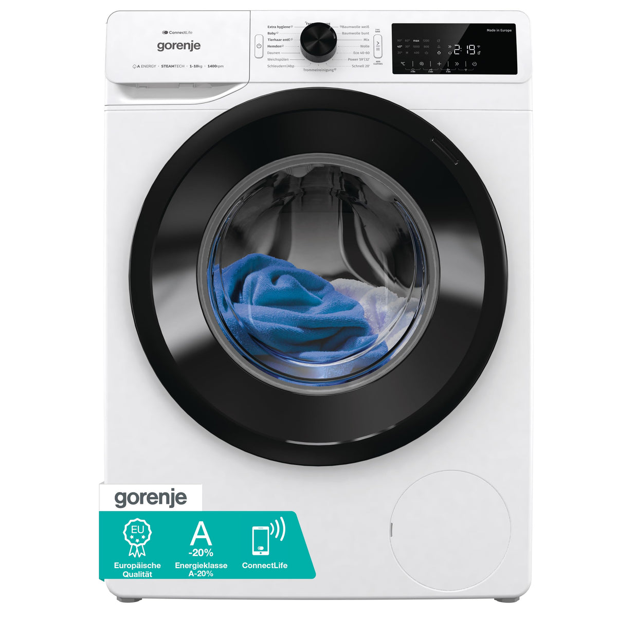 Gorenje WGAM474A Waschmaschine mit Dampffunktion /7 KG /1400 U-Min/ConnectLife /15 Programme/UltraClean/EasyDosing/SteamTech/Inverter PowerDrive /20% besser als Energieeffizienzklasse A/Weiß