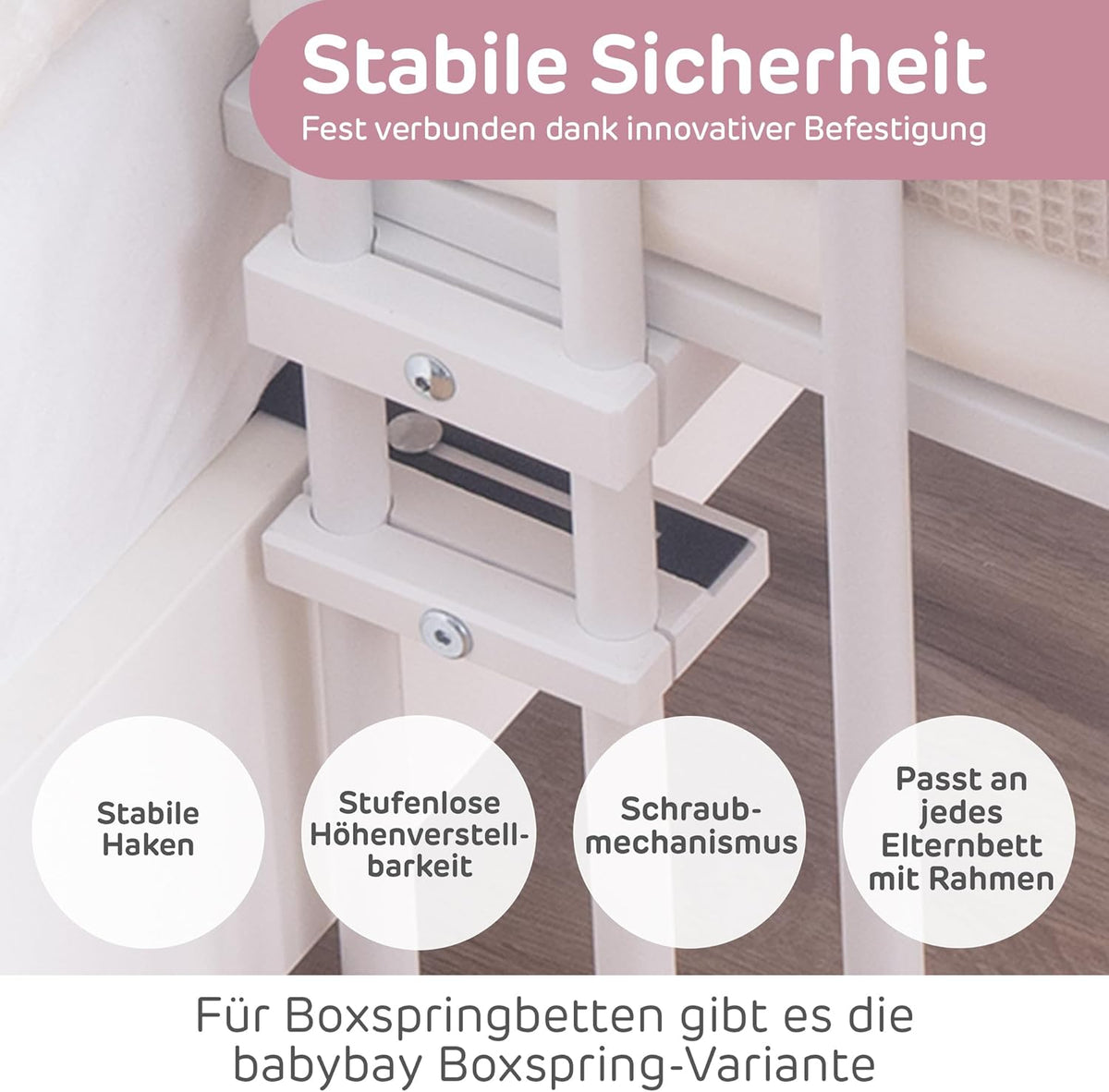 babybay Original Beistellbett aus massivem Buchenholz mit Matratze, höhenverstellbares Babybett für Neugeborene