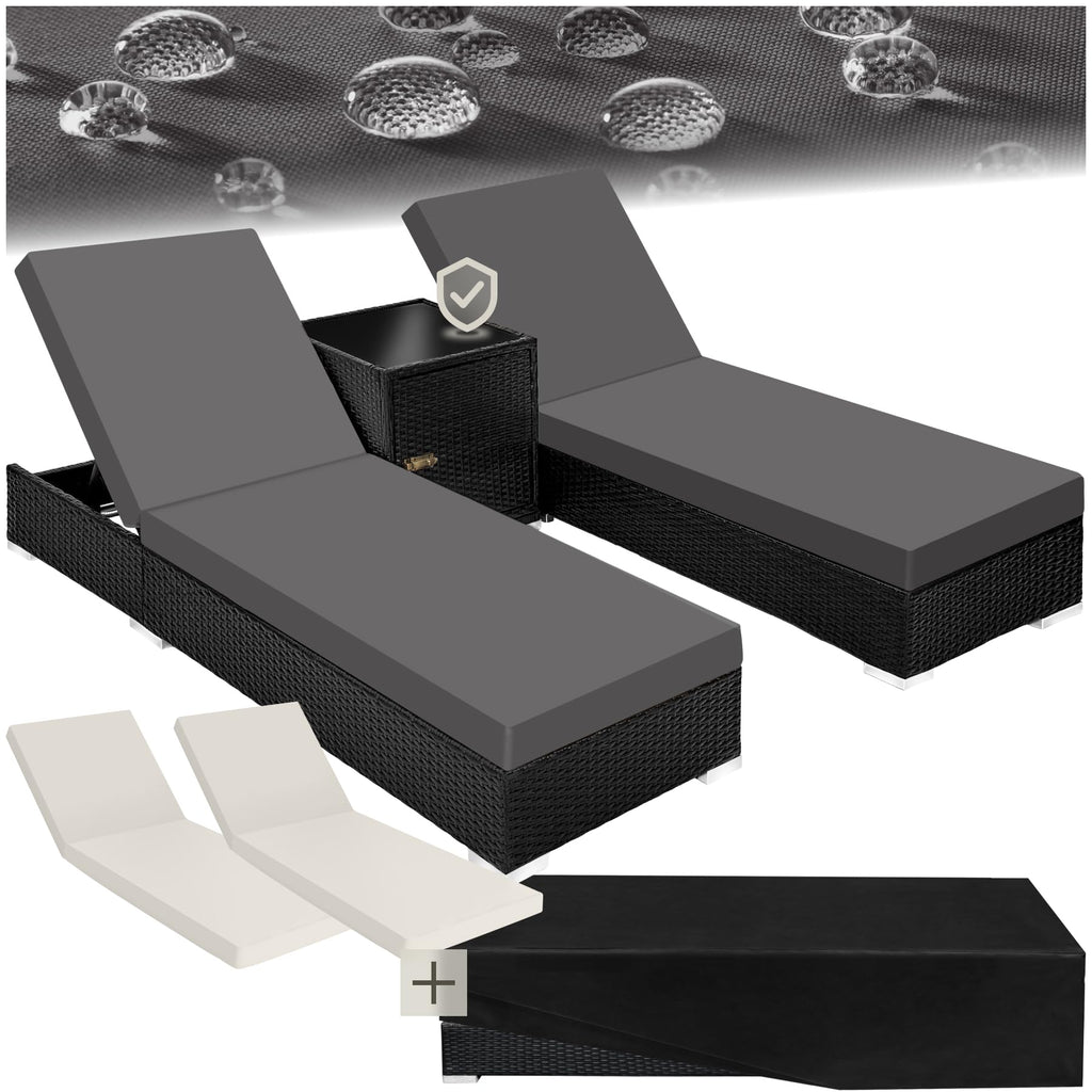 tectake 2er Gartenliegen Set mit Tisch – Polyrattan Sonnenliegen aus Aluminium, 5-fach verstellbar, mit Schutzhüllen