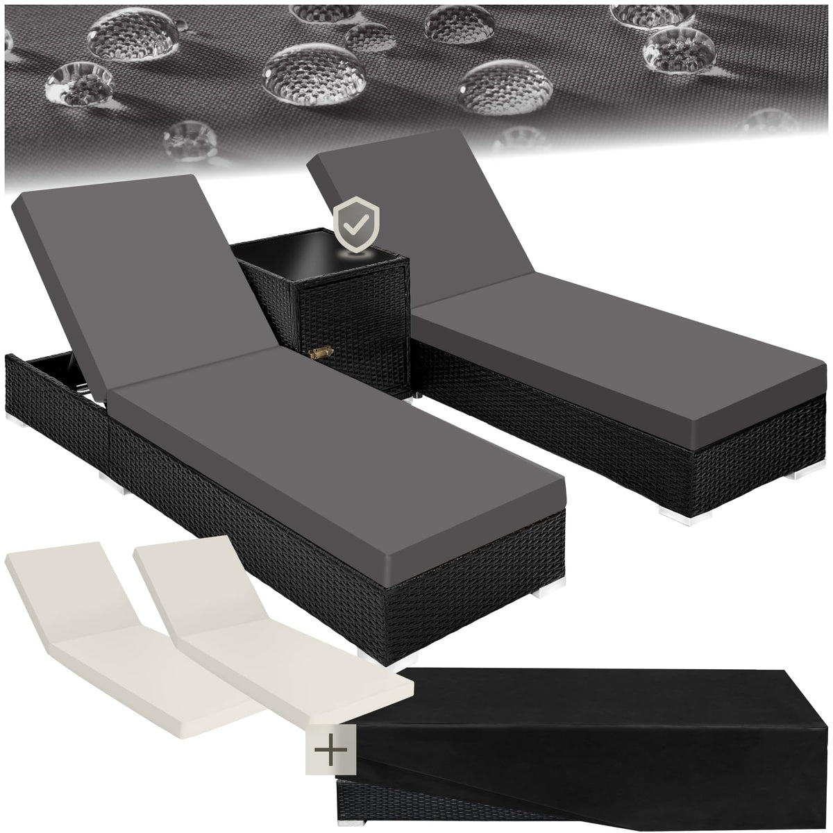 tectake 2er Gartenliegen Set mit Tisch – Polyrattan Sonnenliegen aus Aluminium, 5-fach verstellbar, mit Schutzhüllen