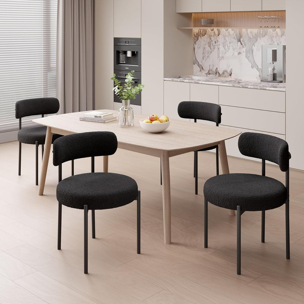 Hawthyhome Esszimmerstühle 4er Set丨Teddy Stoff Runde Boucle Stühle·Mid-Century gepolsterte Küchenstühle·Dining Chairs mit Metallbeinen·Creme Wei߷