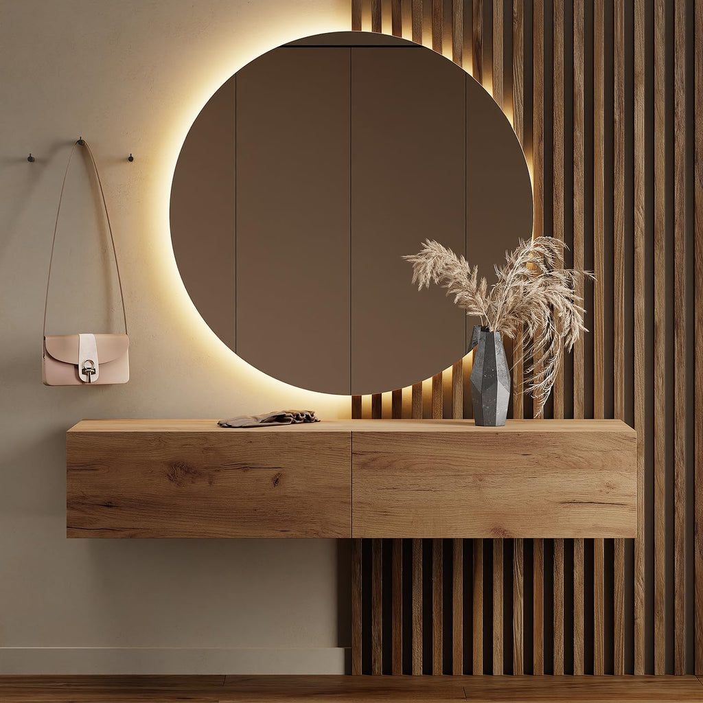 Planetmöbel Garderobe Flur mit Stauraum, Wandgarderobe mit 2 Klappen, Dielenschrank aus Holzwerkstoff Gold Eiche/Anthrazit