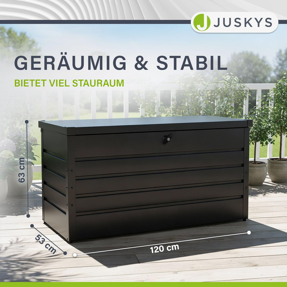 Juskys Metall Aufbewahrungsbox Limani 380 Liter - Outdoor Box - wasserdicht, abschließbar - Gartenbox, Auflagenbox, Kissenbox für Garten Anthrazit