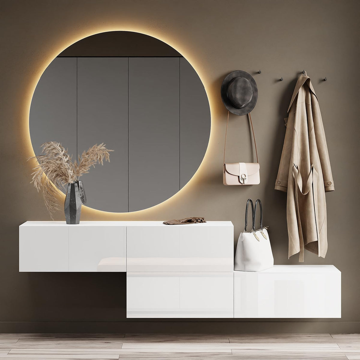 Planetmöbel Garderobe Flur mit Stauraum, Wandgarderobe mit 2 Klappen, Dielenschrank aus Holzwerkstoff Gold Eiche/Anthrazit