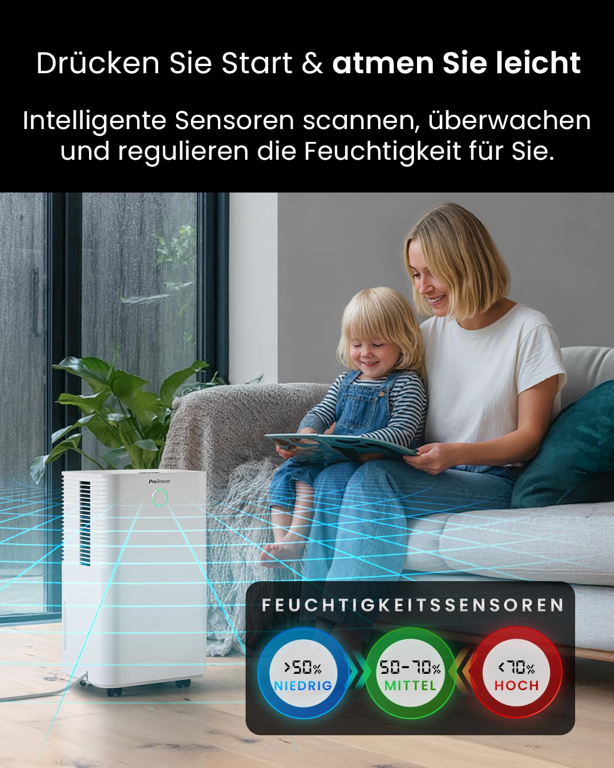 Pro Breeze OmniDry Luftentfeuchter mit App & WLAN, 12L in 24h Entfeuchtungsleistung - Luftentfeuchter elektrisch mit Wäschemodus, Feuchtigkeitssensor, Timer - Gegen Schimmel - Entfeuchter für bis 25m²
