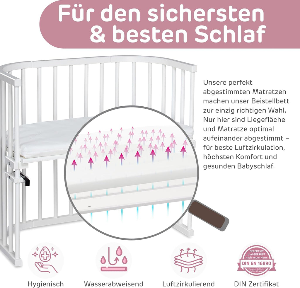 babybay Original Beistellbett aus massivem Buchenholz mit Matratze, höhenverstellbares Babybett für Neugeborene