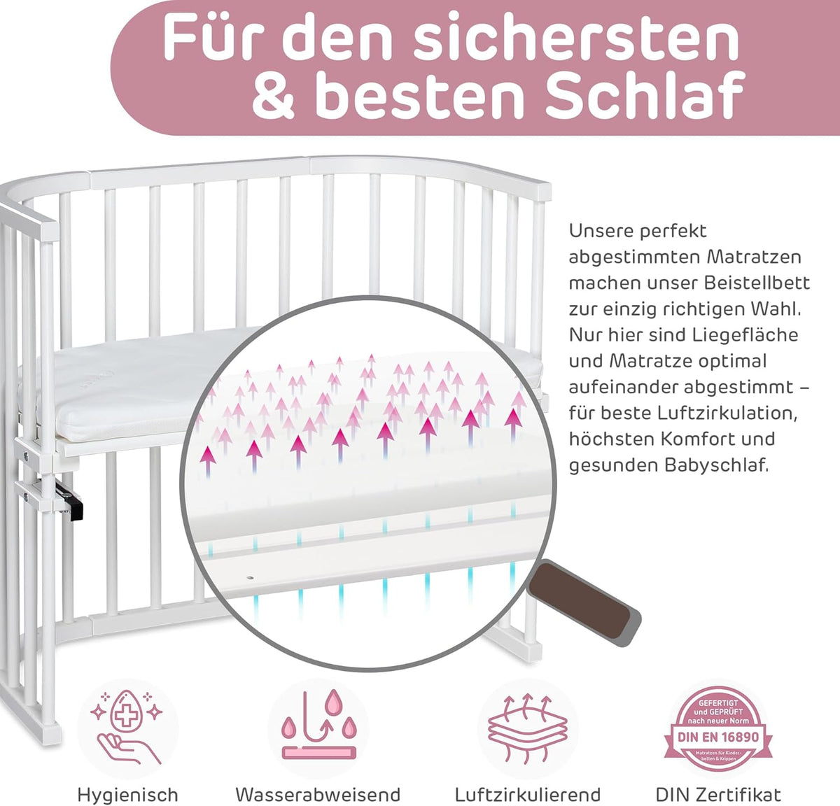 babybay Original Beistellbett aus massivem Buchenholz mit Matratze, höhenverstellbares Babybett für Neugeborene