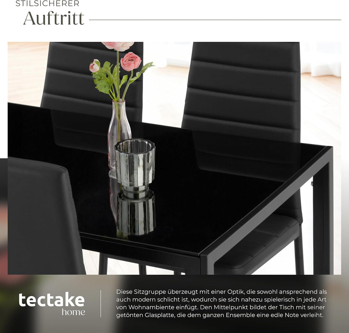 tectake Essgruppe Set Tisch und Stühle, Esstisch und 4X Stuhl, strapazierfähiges Kunstleder, Tischplatte aus Sicherheitsglas, Küchenstühle modern, Küche - schwarz