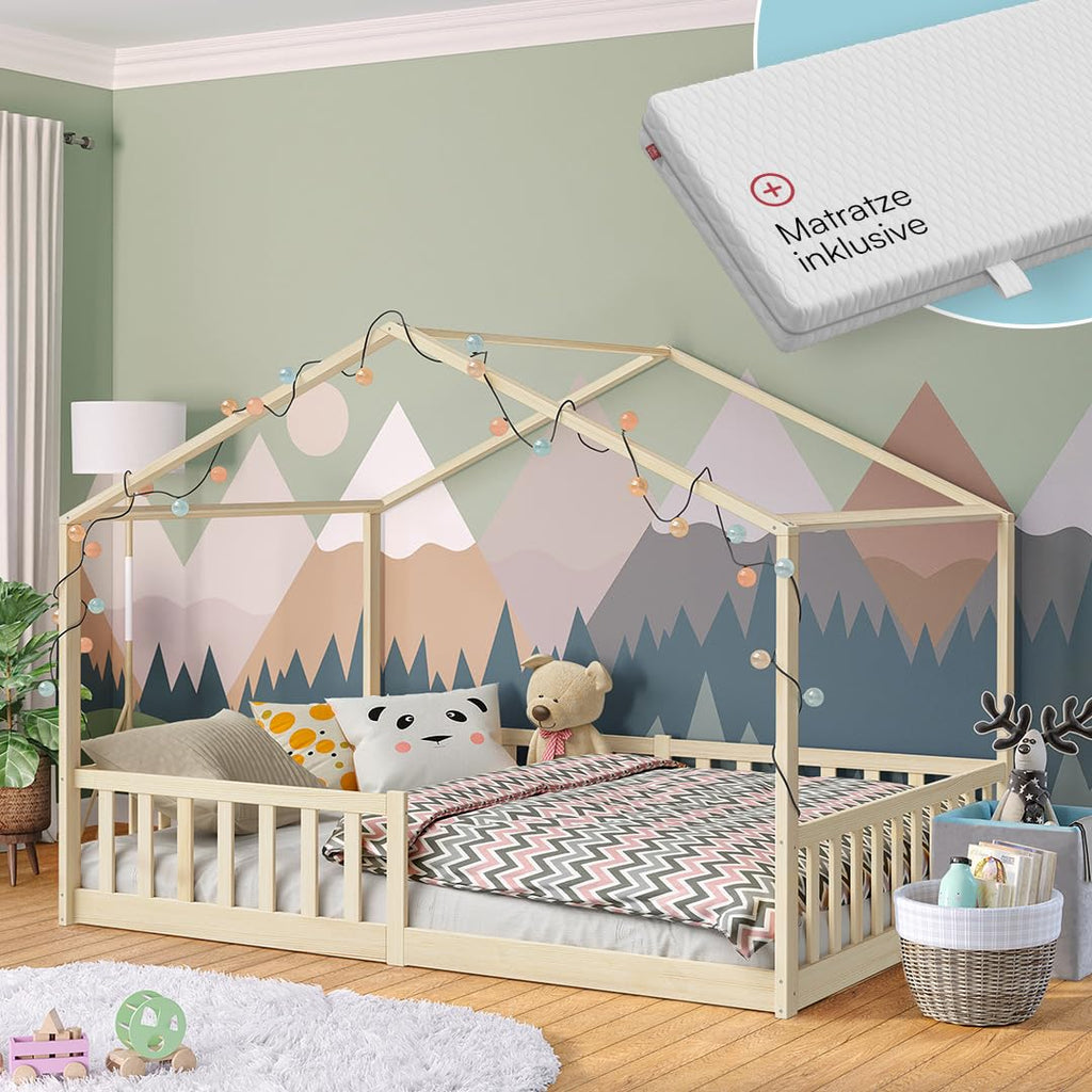Bellabino Bia Kinderbett 120x200 cm, Bodenbett, Weiß, mit Rausfallschutz