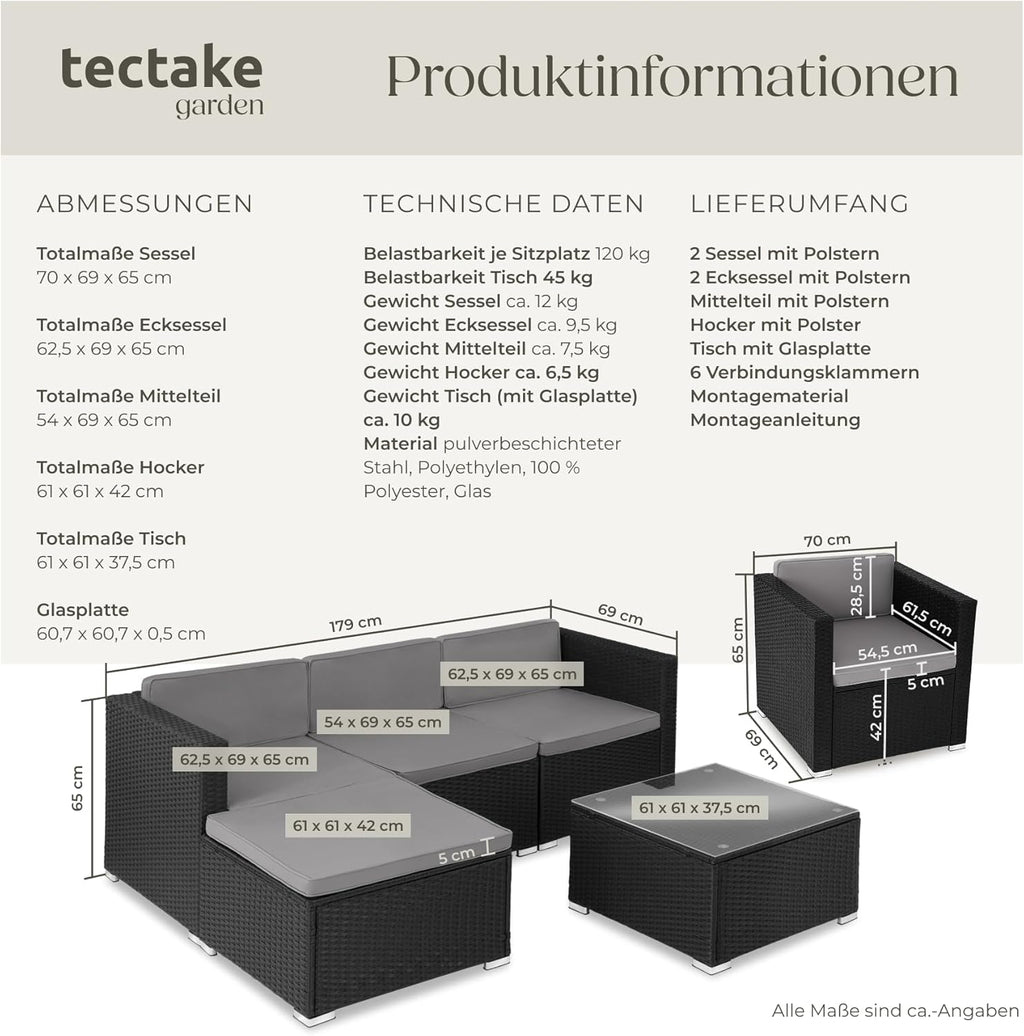 tectake Gartenmöbel Set Poly Rattan mit Sofa, Sesseln, Hocker & Tisch, modulare Gartenlounge wetterfest für Garten, Terrasse & Balkon