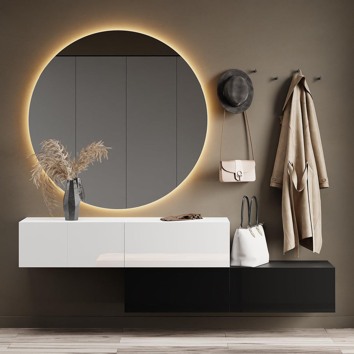 Planetmöbel Garderobe Flur mit Stauraum, Wandgarderobe mit 2 Klappen, Dielenschrank aus Holzwerkstoff Gold Eiche/Anthrazit