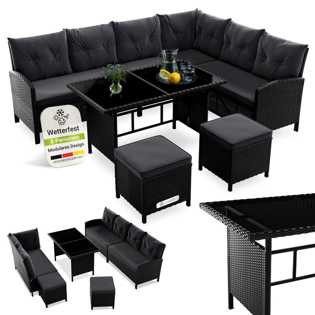 Juskys Gartenlounge Polyrattan Grau, Ecksofa mit Tisch & 2 Hockern, Gartenmöbel Set für 7 Personen, wetterfest