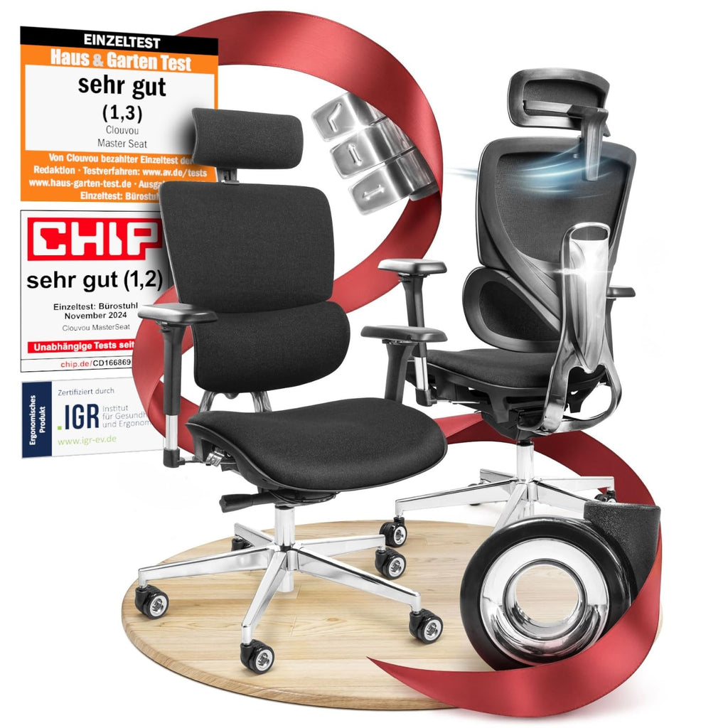 CLOUVOU BrightSeat Ergonomischer Bürostuhl Schwarz bis 150 kg – Schreibtischstuhl mit Kopfstütze, Lendenstütze & 2D Armlehnen
