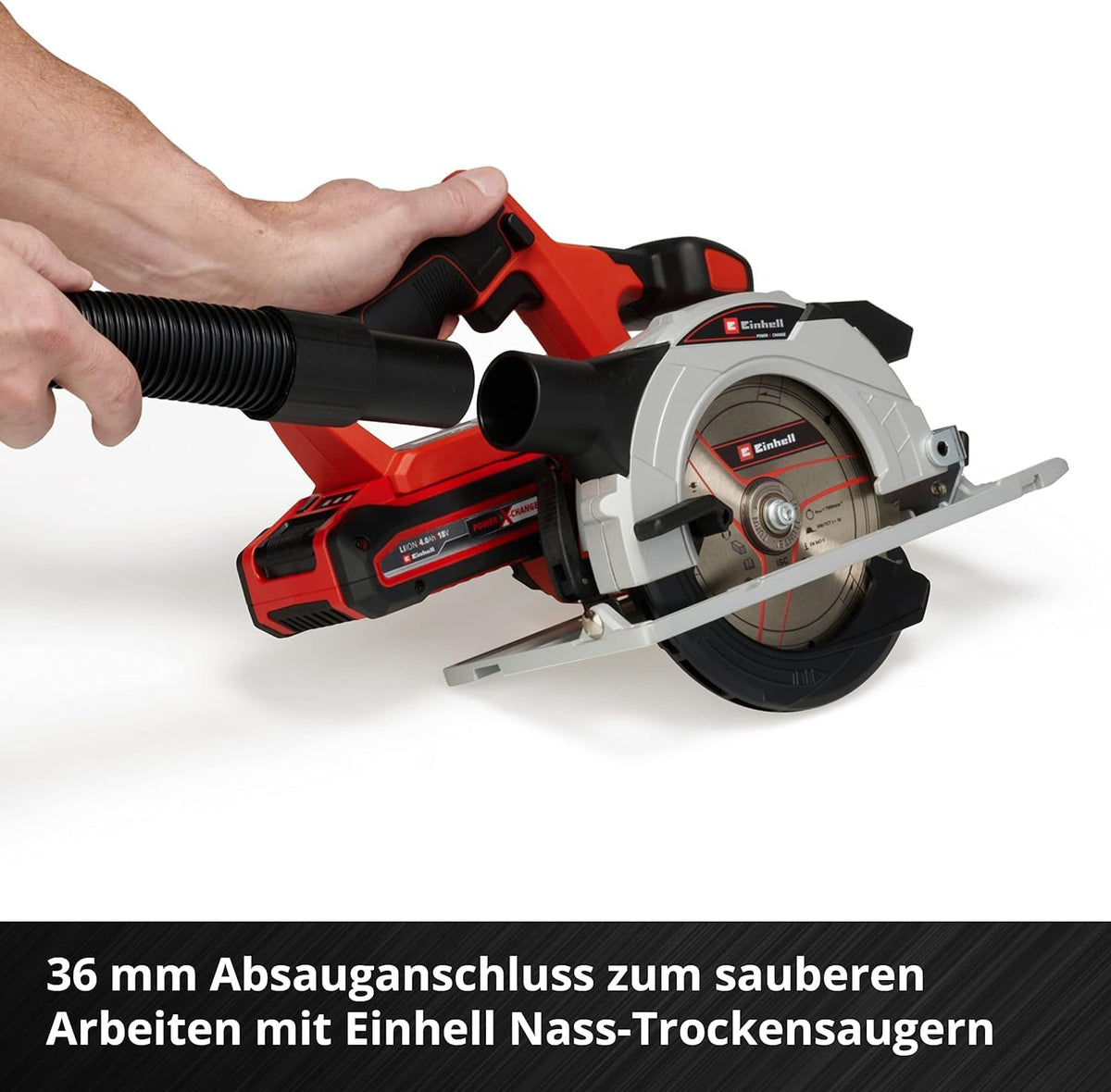Einhell Akku-Handkreissäge TE-CS 18/150 Li-Solo Power X-Change (18 V, Li-Ion, Ø150 x Ø10 mm Sägeblatt, Schnitttiefe + Neigungswinkel werkzeuglos einstellbar, LEDs, ohne Akku und Ladegerät)